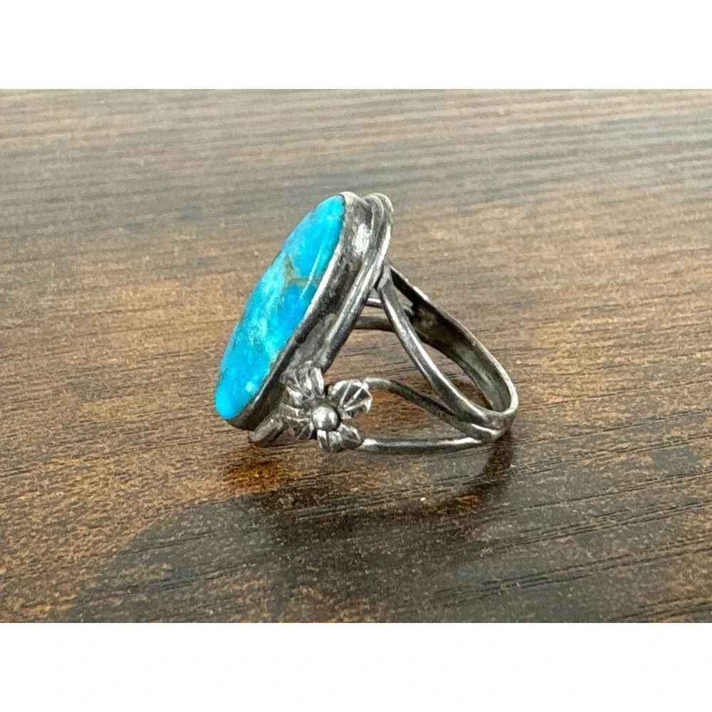 Vintage Sterling Silver Turquoise Floral Split Shank Statement Ring Handcrafted